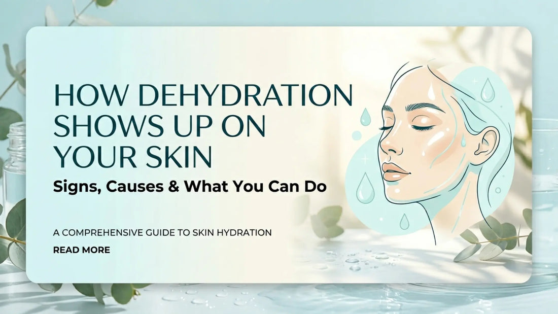 Banner graphic titled “How Dehydration Shows Up on Your Skin” featuring an illustrated woman’s face with hydrated skin imagery in soft blue and beige tones, alongside the subtitle “Signs, Causes & What You Can Do.