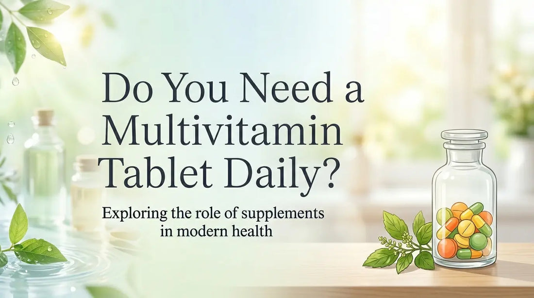 Multivitamin wellness banner featuring colorful tablets in a glass jar, green botanical elements, and the headline "Do You Need a Multivitamin Tablet Daily?" on a soft, health-focused background.
