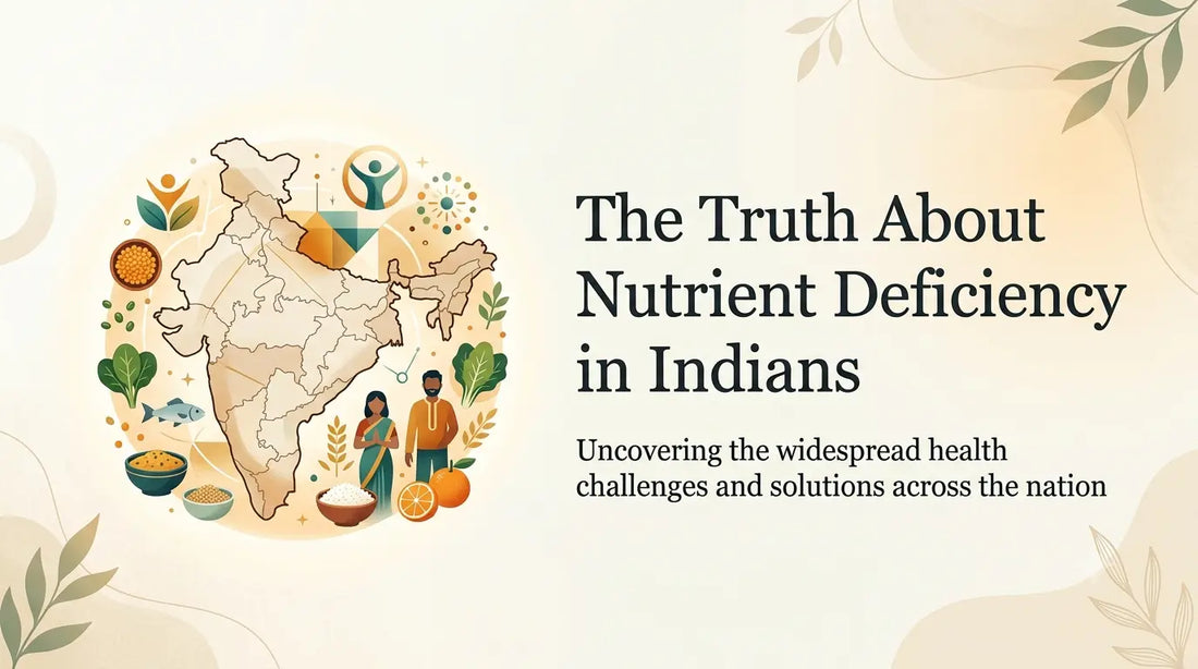 The truth about nutrient deficiency in Indians infographic featuring a map of India, healthy foods, vitamins, and wellness icons representing common nutritional deficiencies and solutions for better health.