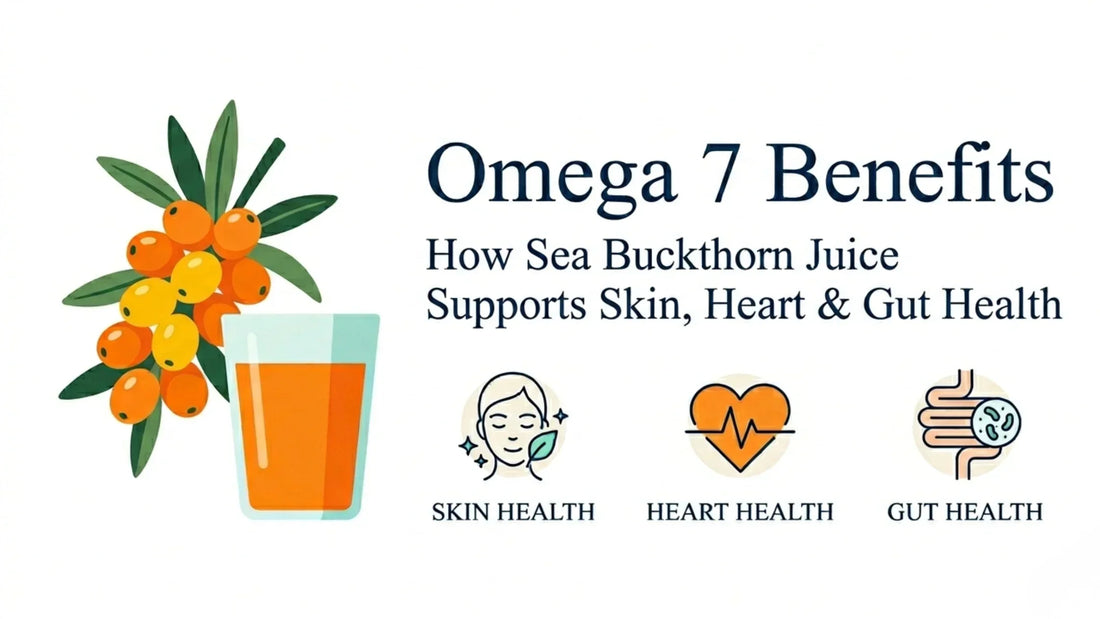 Omega 7 benefits infographic showing Sea Buckthorn Juice supporting skin health, heart health, and gut health