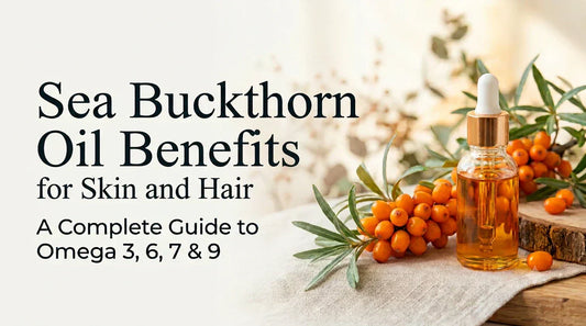 Sea buckthorn oil benefits for skin and hair with Omega 3, 6, 7 & 9 rich oil bottle and sea buckthorn berries