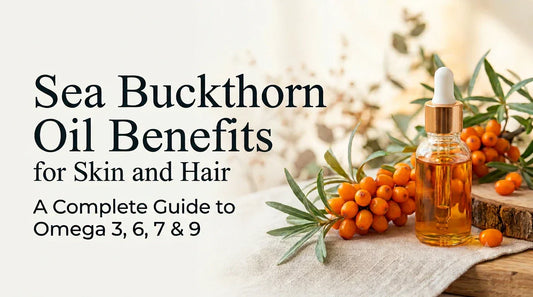 Sea buckthorn oil benefits for skin and hair with Omega 3, 6, 7 & 9 rich oil bottle and sea buckthorn berries