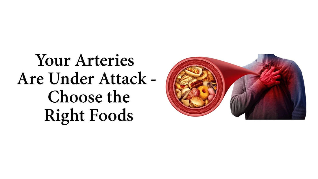 Graphic showing a clogged artery and a person with chest pain, emphasizing how diet affects artery health.