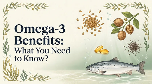Illustrated blog banner titled "Omega-3 Benefits: What You Need to Know?" featuring watercolor-style drawings of salmon, walnuts, flaxseeds, and leafy greens on a soft cream background.