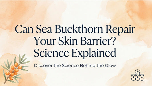 Illustrated blog banner with the title 'Can Sea Buckthorn Repair Your Skin Barrier? Science Explained' on a soft beige background with botanical accents in the corners.