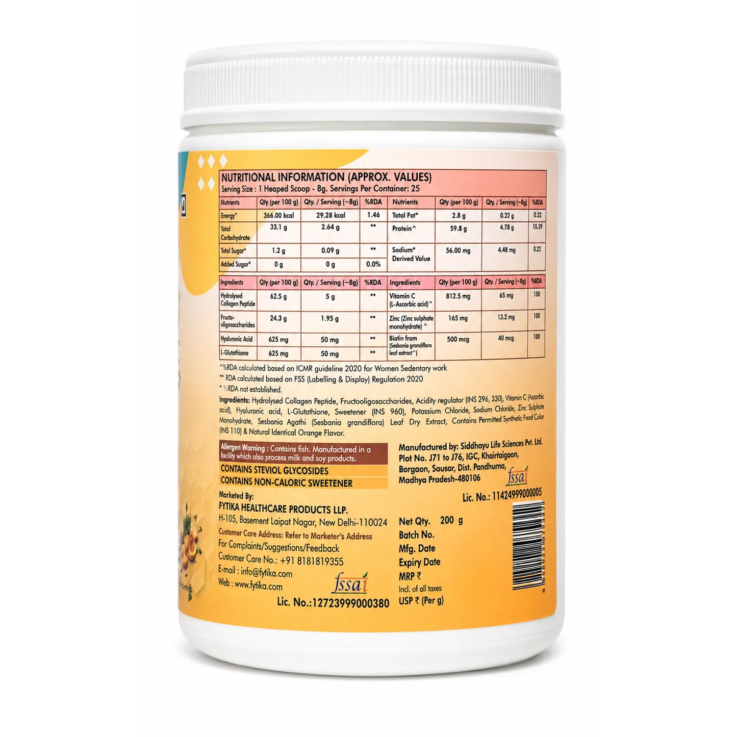 Fytika Let it Glow Collagen Powder - Boosts Skin Radiance, Hair Health, Nail Strength, For Men, Women - Fruit Punch Flavor - 200 G