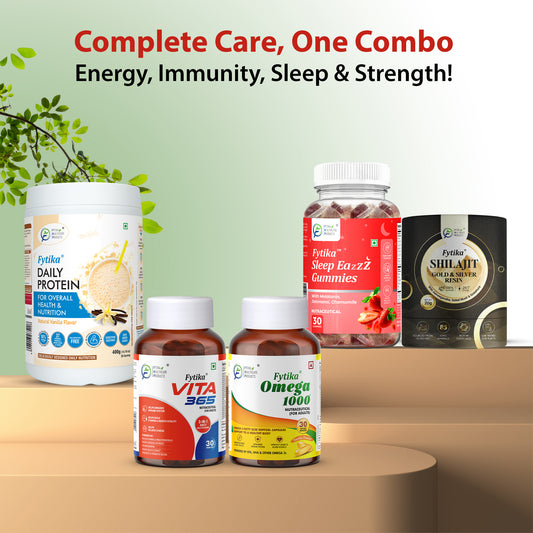 Complete Daily Wellness Combo – Protein, Multivitamin, Omega-3, Sleep & Shilajit for Energy, Immunity, Recovery & Rest