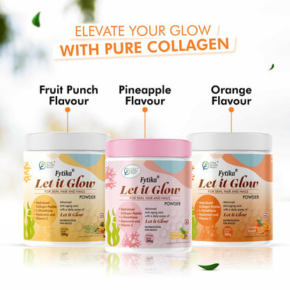 Fytika Let it Glow Collagen Powder - Boosts Skin Radiance, Hair Health, Nail Strength, For Men, Women - Fruit Punch Flavor - 200 G