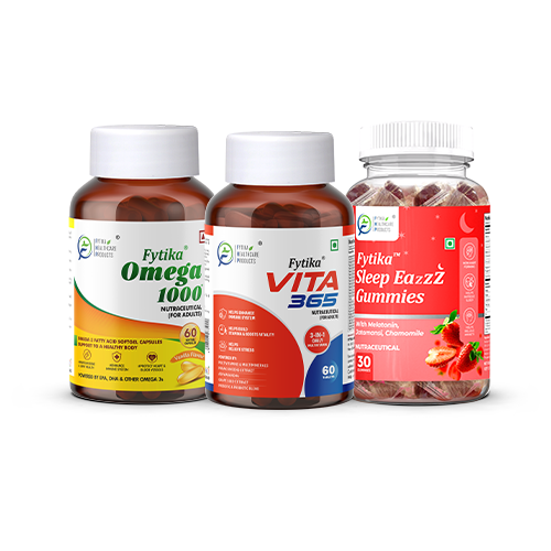Fytika De-Stress Combo - Fytika Vita 365, Fytika SleepEazzz sleeping gummies, Fytika Omega 1000| For Men & Women|