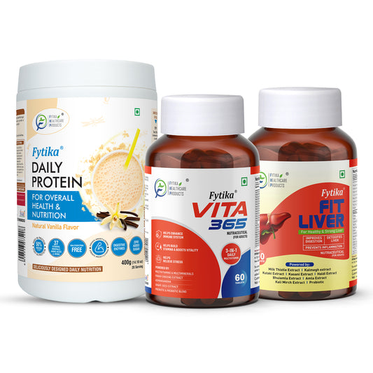 Fytika Wellness Vitality - Fytika Daily Protein Powder Vanilla Flavour- 400G, Vita 365 - 60 Tablets and Fit Liver - 60 Tablets -  Boosts Energy, Manages Stress, Detoxifies Liver, Completes Nutrition | For Men and Women
