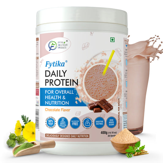 Fytika Daily Protein Powder- Chocolate Flavour - Complete Nutrition Drink with 37 Essential Vitamins and Minerals | 50% Protein Per Serve | High Protein Drink for Men and Women | Net - 400g