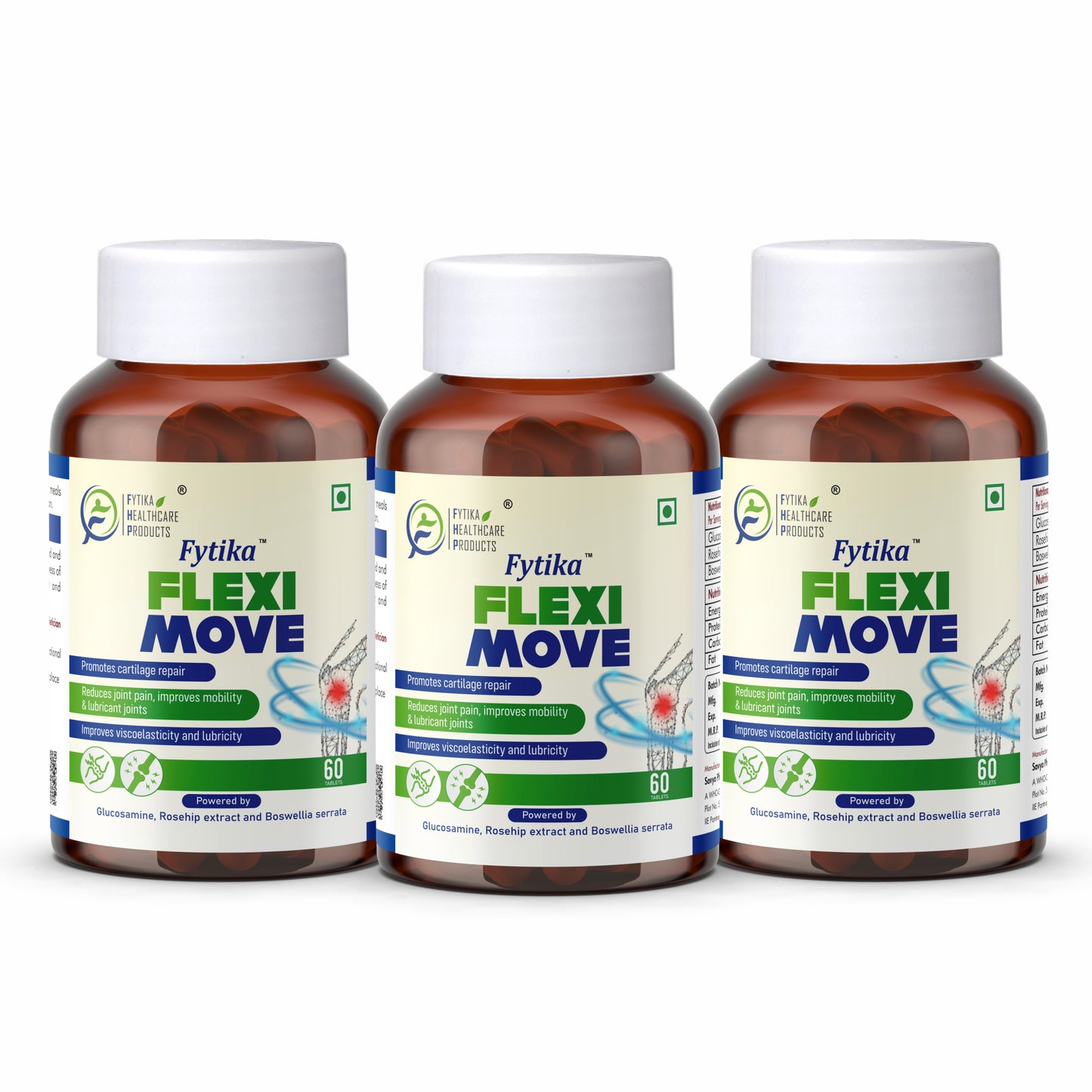 Fytika Flexi Move - Joint Support Supplement, Glucosamine, Rosehip, Boswellia Serrata, Supports Bone, Joint, Cartilage Health, For Men, Women -  Pack Of 3 (180 Tabs)