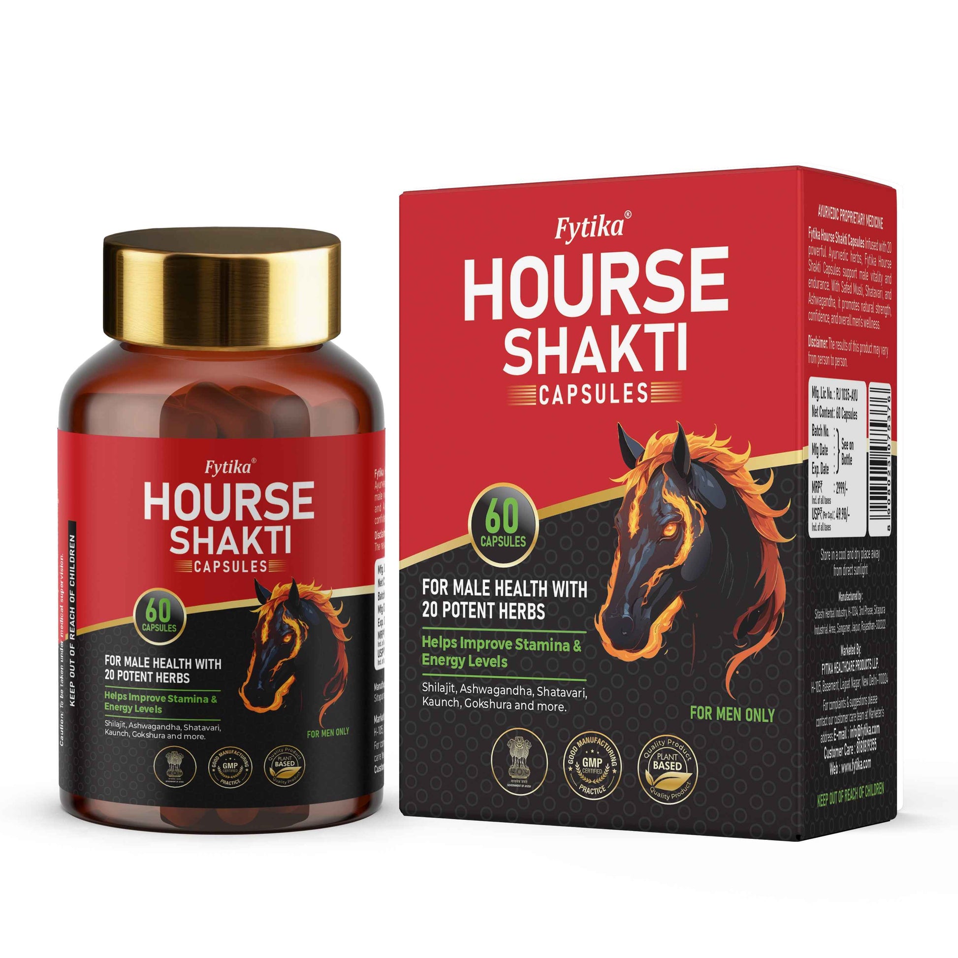 Fytika Hourse Shakti Capsules | 20 Potent Ayurvedic Herbs | For Men Strength, Stamina & Daily Vitality | 60 Capsules