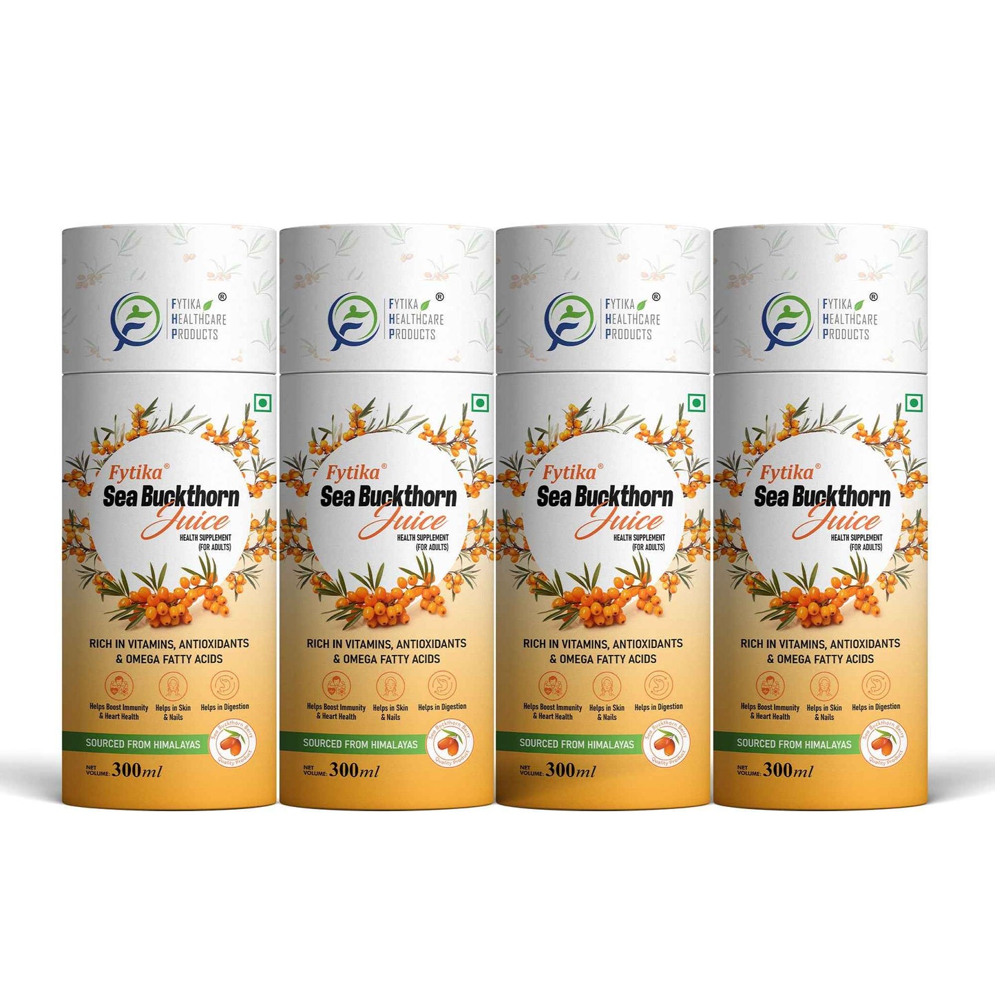 Fytika Sea Buckthorn Juice | Pulp Concentrate 300 ml Made for Your Total Body Care & Wellness | Rich in Vitamin C, Omega 3, 6, 7, 9 & Antioxidants | For Men & Women | 300 ml Each (PACK OF 4)