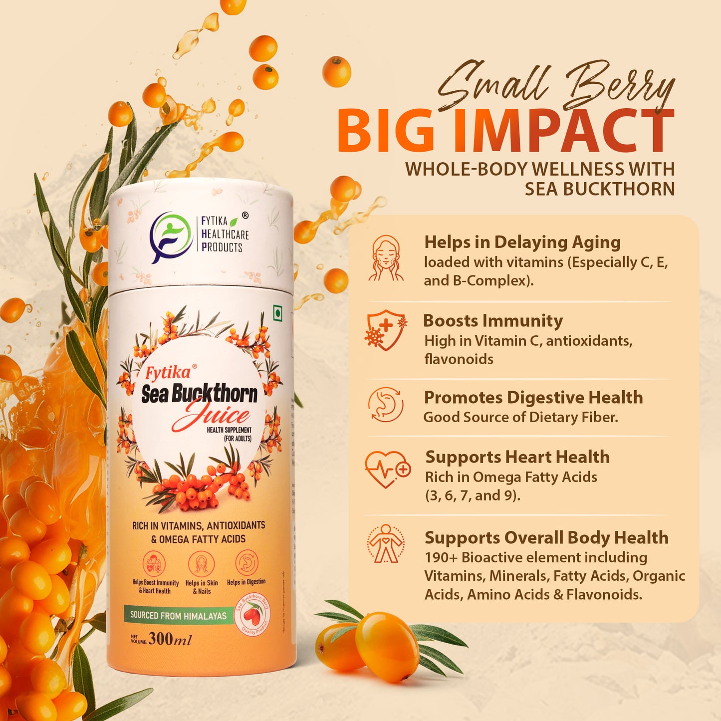 Fytika Sea Buckthorn Juice | Pulp Concentrate 300 ml Made for Your Total Body Care & Wellness | Rich in Vitamin C, Omega 3, 6, 7, 9 & Antioxidants | For Men & Women | 300 ml Each (PACK OF 4)