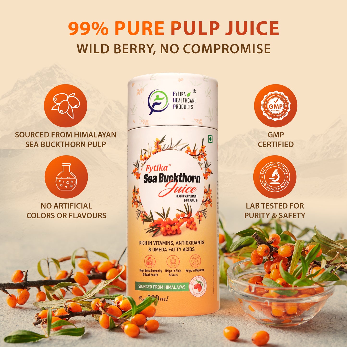 Fytika Sea Buckthorn Juice | Pulp Concentrate 300 ml Made for Your Total Body Care & Wellness | Rich in Vitamin C, Omega 3, 6, 7, 9 & Antioxidants | For Men & Women | 300 ml Each (PACK OF 4)
