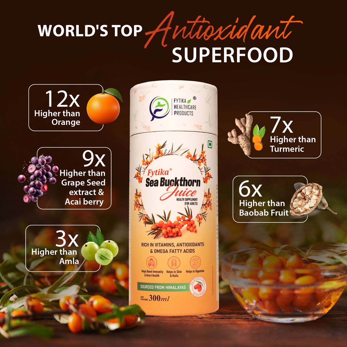 Fytika Sea Buckthorn Juice | Pulp Concentrate 300 ml Made for Your Total Body Care & Wellness | Rich in Vitamin C, Omega 3, 6, 7, 9 & Antioxidants | For Men & Women | 300 ml Each (PACK OF 4)