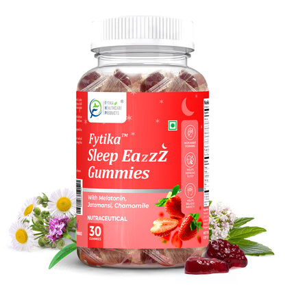 Fytika Sleep Eazzz - Sleep Gummies | Melatonin 5mg, Jatamansi, Chamomile, Valeriana, Zinc & Magnesium | No Added Sugar| For Men & Women | Strawberry Flavour - 30 Gummies