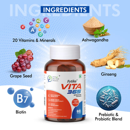 Fytika Vita 365, 3 in 1 Multivitamin - Boosts Energy, Gut Health, Manages Stress, Ashwagandha, Probiotics, Ginseng, For Men, Women-180 Tablets