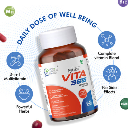 Fytika Vita 365, 3 in 1 Multivitamin - Boosts Energy, Gut Health, Manages Stress, Ashwagandha, Probiotics, Ginseng, For Men, Women-120 Tablets