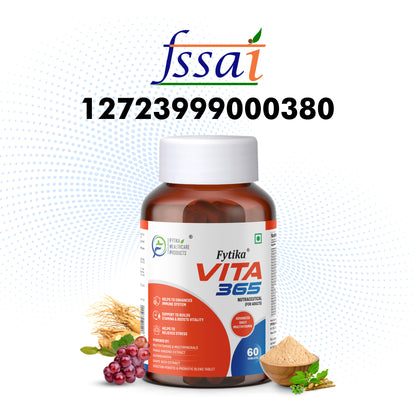Fytika Vita 365, 3 in 1 Multivitamin - Boosts Energy, Gut Health, Manages Stress,  Ashwagandha, Probiotics, Ginseng, For Men, Women - 60 Tablets