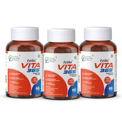 Fytika Vita 365, 3 in 1 Multivitamin - Boosts Energy, Gut Health, Manages Stress, Ashwagandha, Probiotics, Ginseng, For Men, Women-180 Tablets