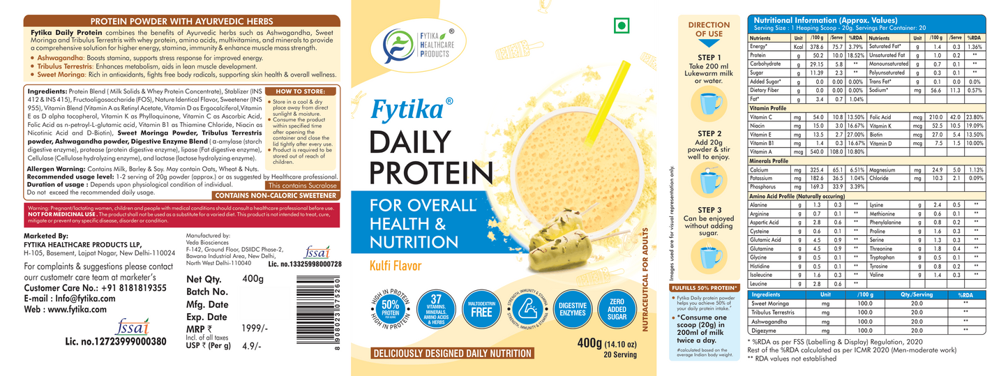 Fytika Daily Protein Powder - Kulfi Flavour - Complete Nutrition Drink with 37 Essential Vitamins and Minerals | 50% Protein Per Serve | High Protein Drink for Men and Women | Net - 400g