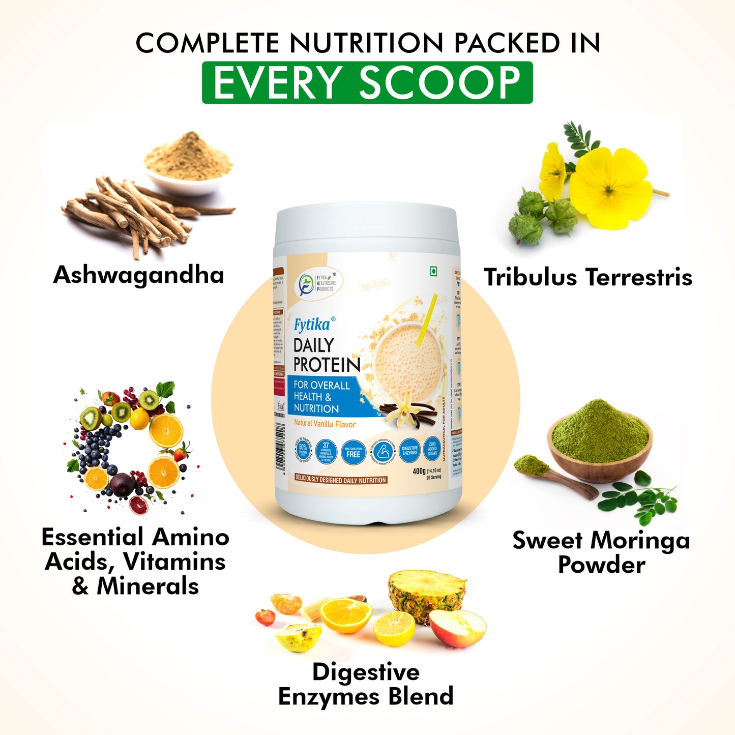 Fytika Daily Protein Vanilla Flavour- 400G and Let it Glow Collagen Fruit Punch Flavour - 200G Combo -  Boosts Energy, Skin Radiance, Immunity, Hair Health, Ashwagandha, 37 Vitamins, For Men and Women