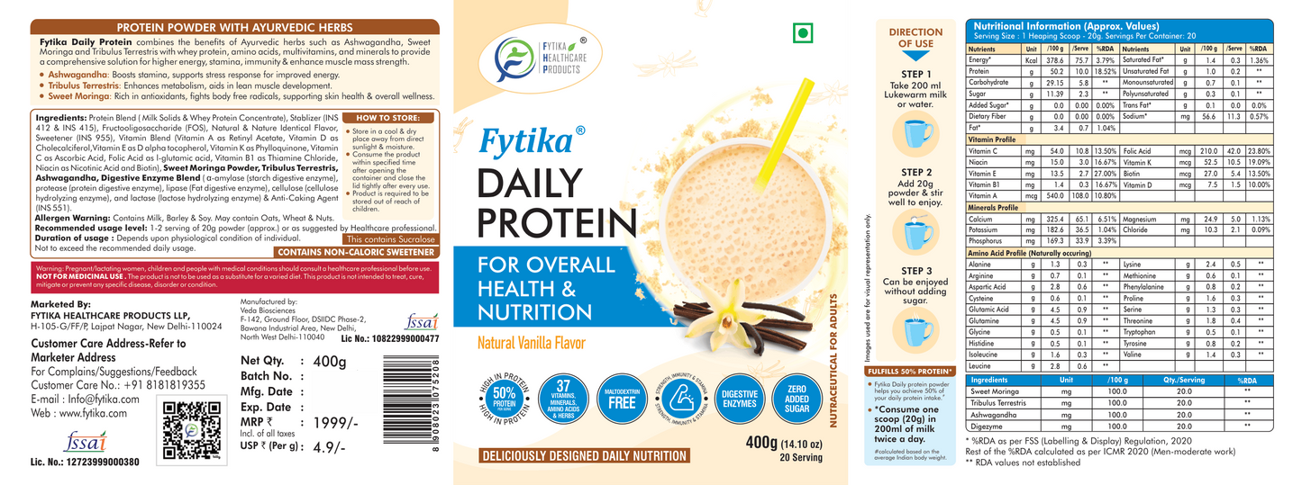Fytika Daily Protein Powder - Complete Nutrition Drink, 37 Essential Vitamins, Minerals, 50 Percent Protein Per Serve, For Men, Women, Vanilla Flavor - 400 G