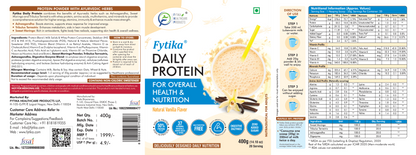 Fytika Daily Protein Powder - Complete Nutrition Drink, 37 Essential Vitamins, Minerals, 50 Percent Protein Per Serve, For Men, Women, Vanilla Flavor - 400 G