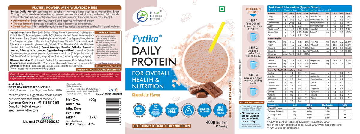 Fytika Daily Protein Powder- Chocolate Flavour - Complete Nutrition Drink with 37 Essential Vitamins and Minerals | 50% Protein Per Serve | High Protein Drink for Men and Women | Net - 400g