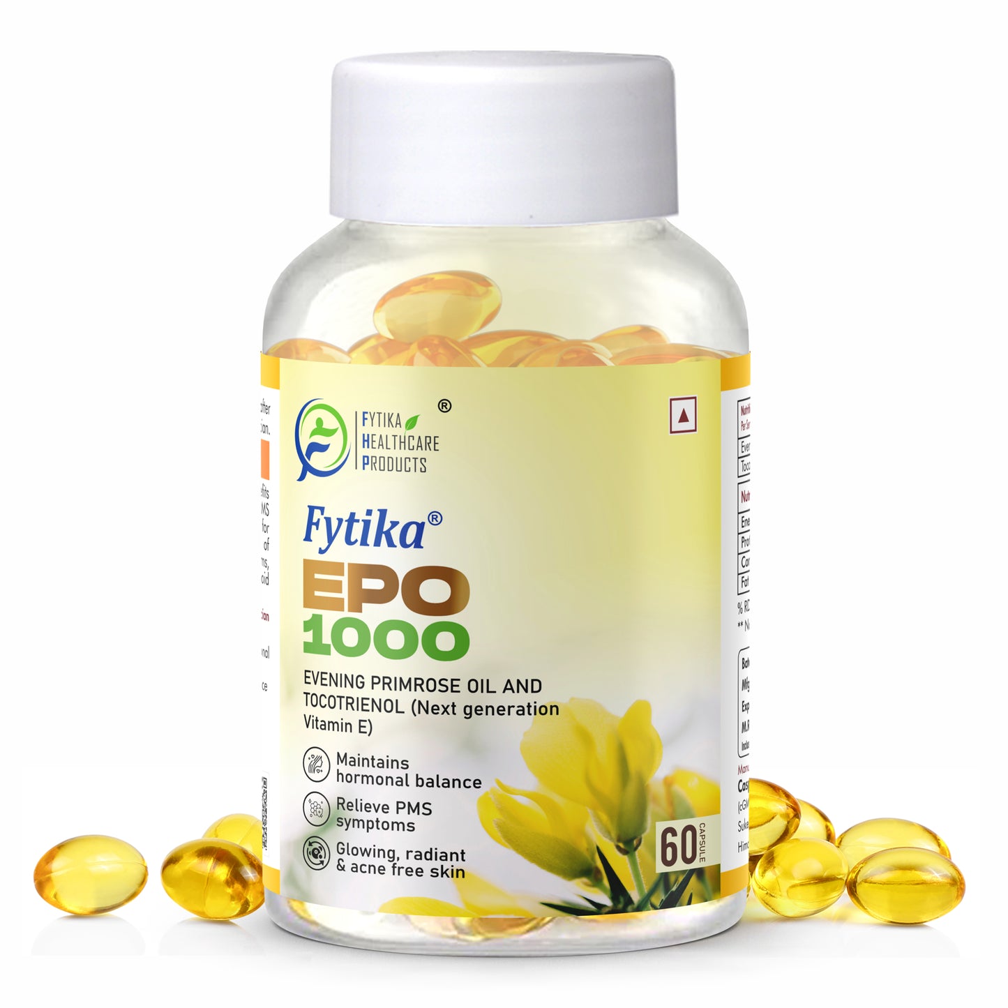 Fytika Evening Primrose Oil - EPO 1000 MG, Promotes Hormonal Balance, Radiant Skin, Relieves PMS - 60 Softgels