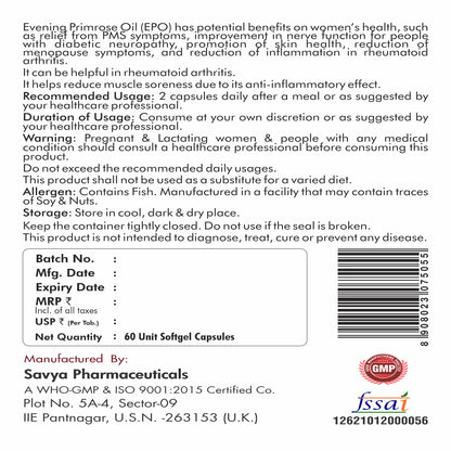 Fytika Evening Primrose Oil - EPO 1000 MG, Promotes Hormonal Balance, Radiant Skin, Relieves PMS - 60 Softgels