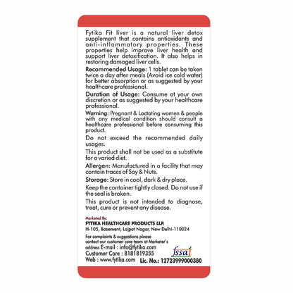 Fytika Fit Liver | Liver Detox Supplement | Liver Detox with Milk Thistle, Kalmegh, Kutaki, Kasani, Haldi | For Men & Women | 60 Tablets