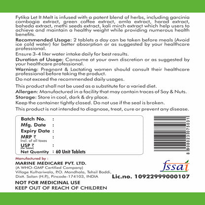 Fytika Let it Melt - Natural Weight Management Supplement, Triphala, Green Coffee, Kali Jeeri, Garcinia Cambogia, Boosts Metabolism, Digestion, For Men, Women - 60 Tablets