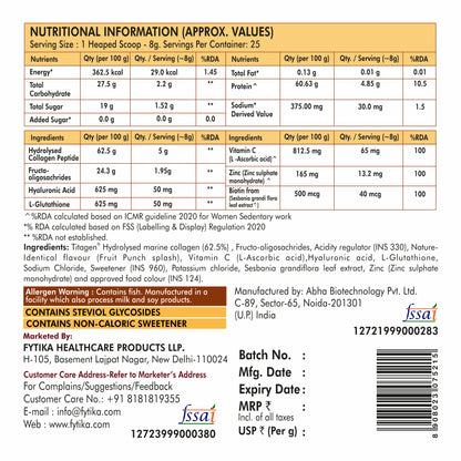 Fytika Let it Glow Collagen Powder - Boosts Skin Radiance, Hair Health, Nail Strength, For Men, Women - Fruit Punch Flavor - 200 G
