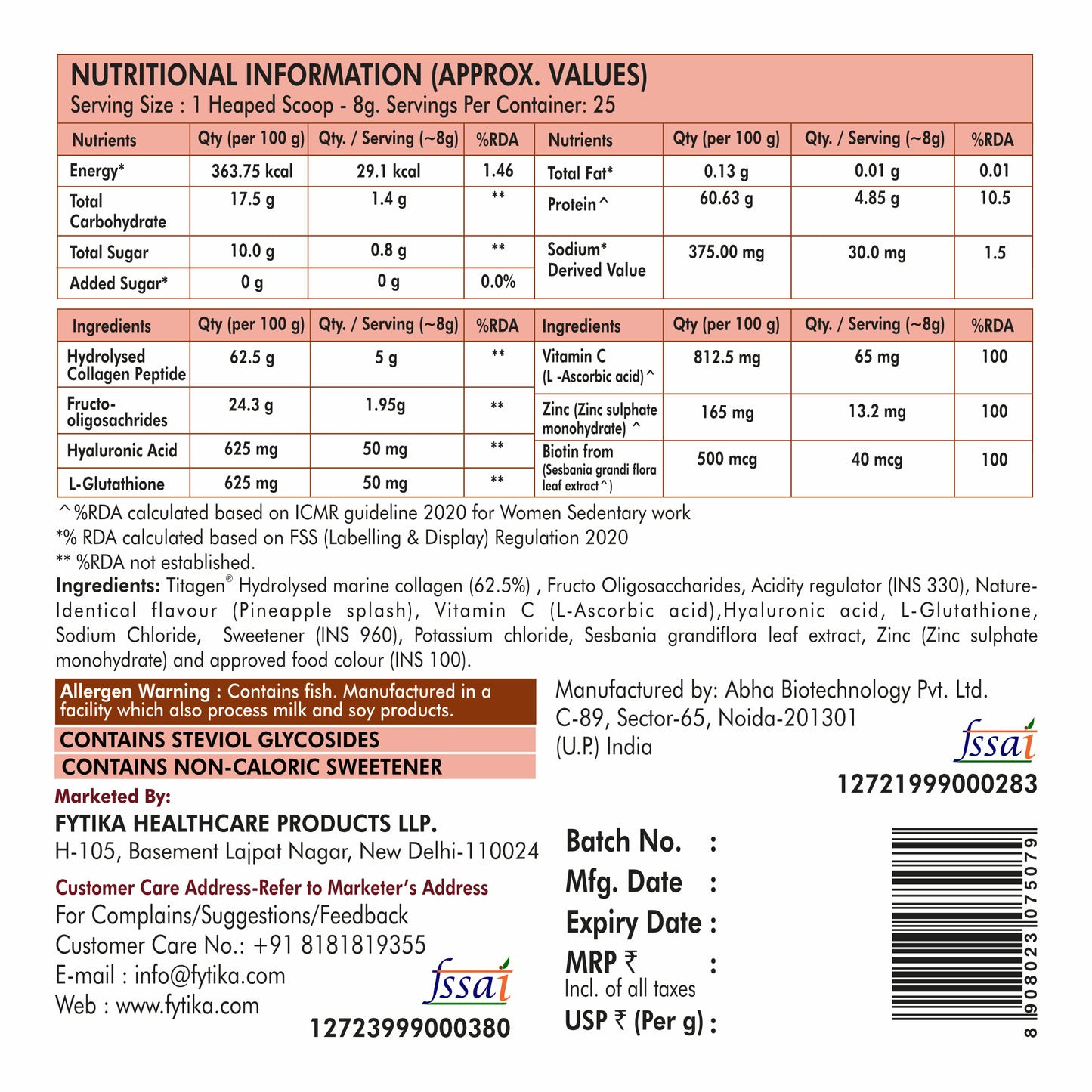 Fytika Let it Glow Collagen Powder - Boosts Skin Radiance, Hair Health, Nail Strength, For Men, Women - Pineapple Flavor - 200 G