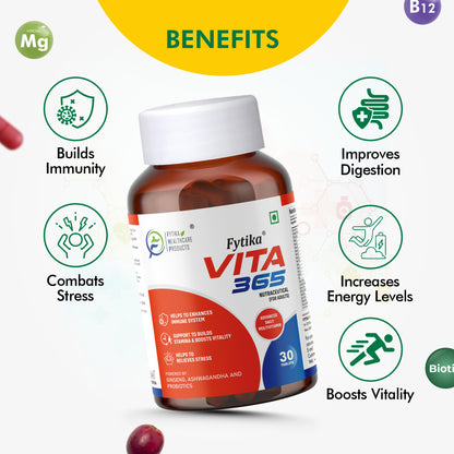 Fytika Vita 365 and Omega 1000 Combo Pack - Boosts Energy, Manages Stress, Brain, Joint, Muscle Support, Ashwagandha, Omega Fatty Acids 400 MG, For Men, Women - 30 Capsules, 30 Tablets