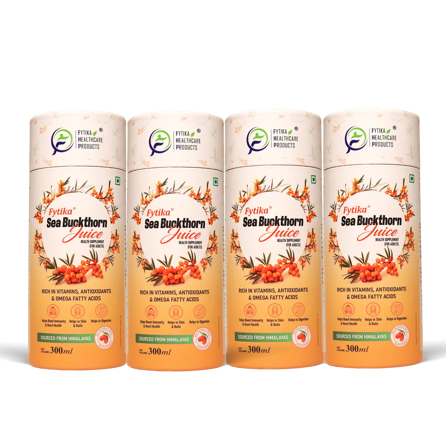 Fytika Sea Buckthorn Juice | Pulp Concentrate 300 ml Made for Your Total Body Care & Wellness | Rich in Vitamin C, Omega 3, 6, 7, 9 & Antioxidants | For Men & Women | 300 ml Each (PACK OF 4)