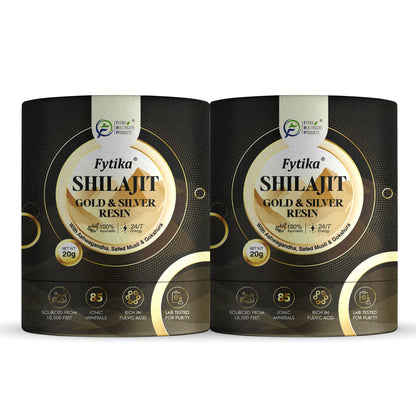 Fytika Shilajit Gold & Silver Resin -100% Ayurvedic Himalayan Shilajit | Swarn Bhasam, Rajat Bhasam, Ashwagandha, Safed Muesli, Gokshura, Kaunch | For Men & Women - 20G