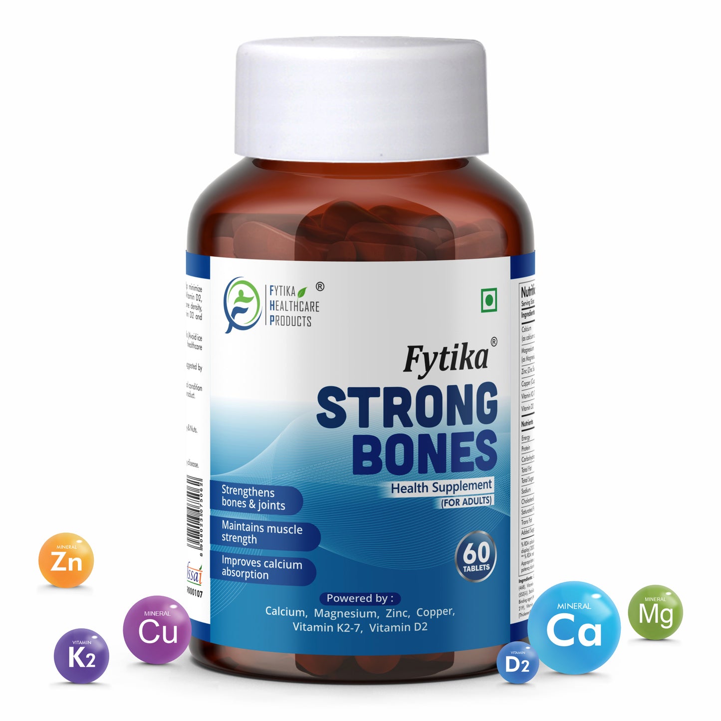 Fytika Strong Bones - Bone Health Supplement, Supports Bone Health, 1000 MG Calcium, Vitamin D2, Magnesium, Zinc, For Men, Women - 60 tablets