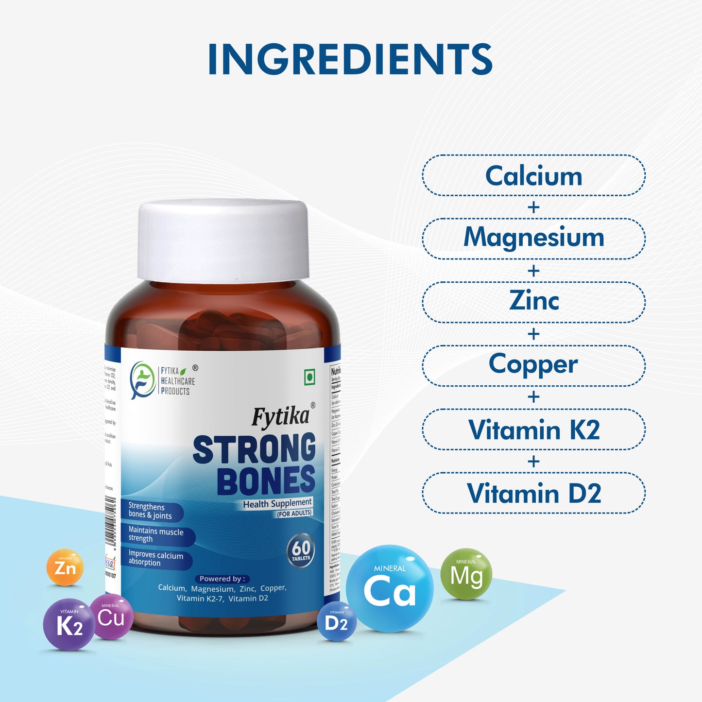 Fytika Strong Bones - Bone Health Supplement, Supports Bone Health, 1000 MG Calcium, Vitamin D2, Magnesium, Zinc, For Men, Women - 60 tablets