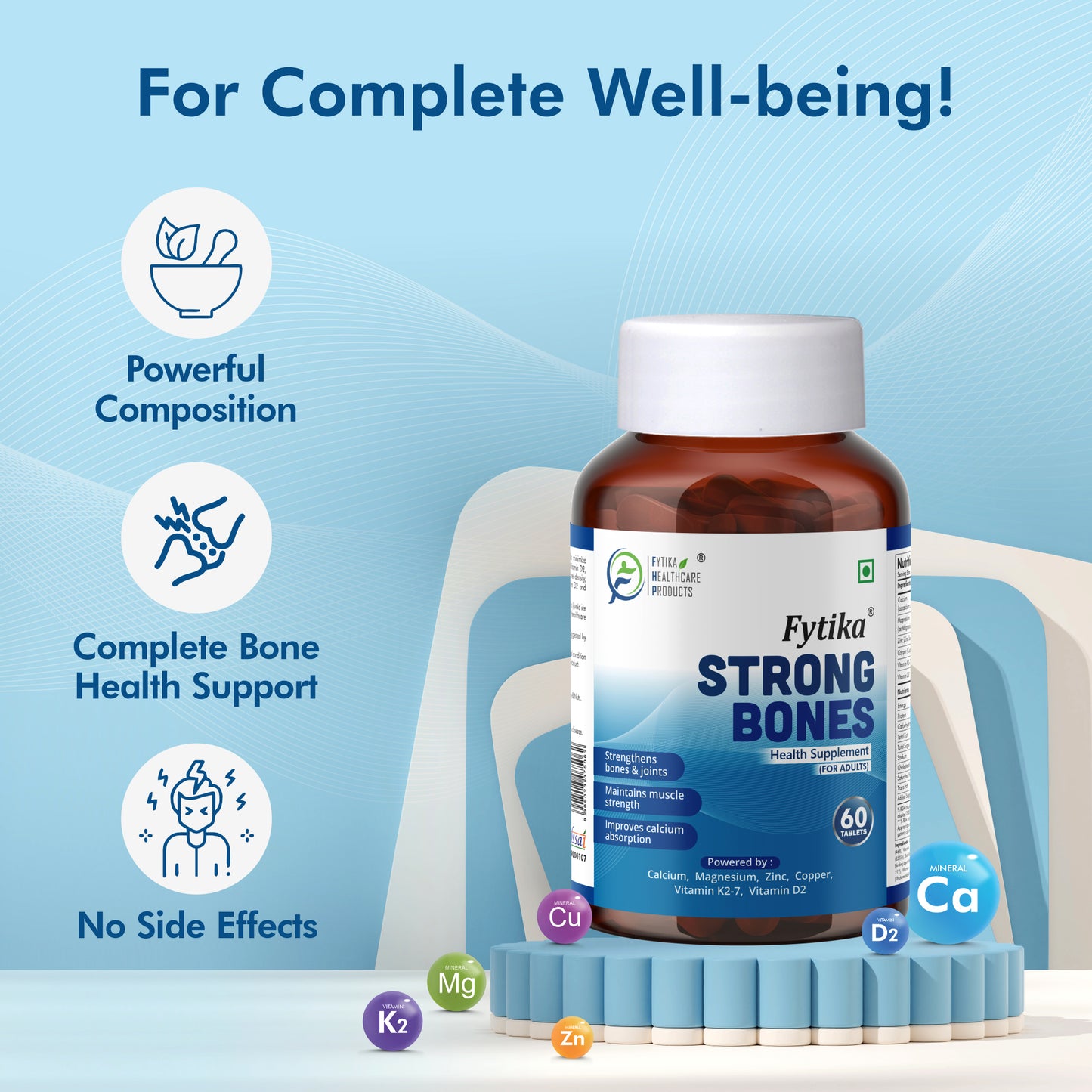 Fytika Strong Bones - Bone Health Supplement, Supports Bone Health, 1000 MG Calcium, Vitamin D2, Magnesium, Zinc, For Men, Women - 60 tablets