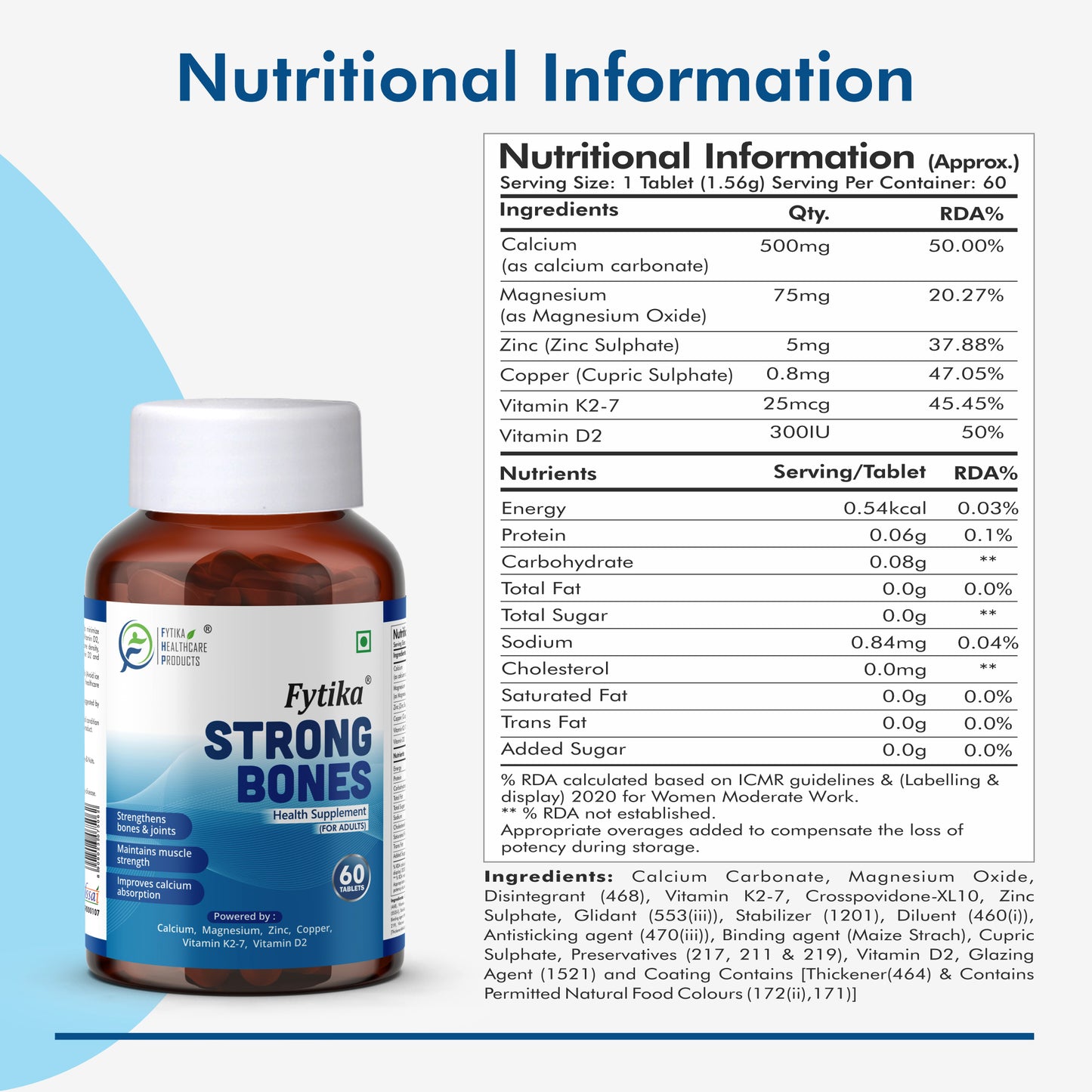 Fytika Strong Bones - Bone Health Supplement, Supports Bone Health, 1000 MG Calcium, Vitamin D2, Magnesium, Zinc, For Men, Women - 60 tablets