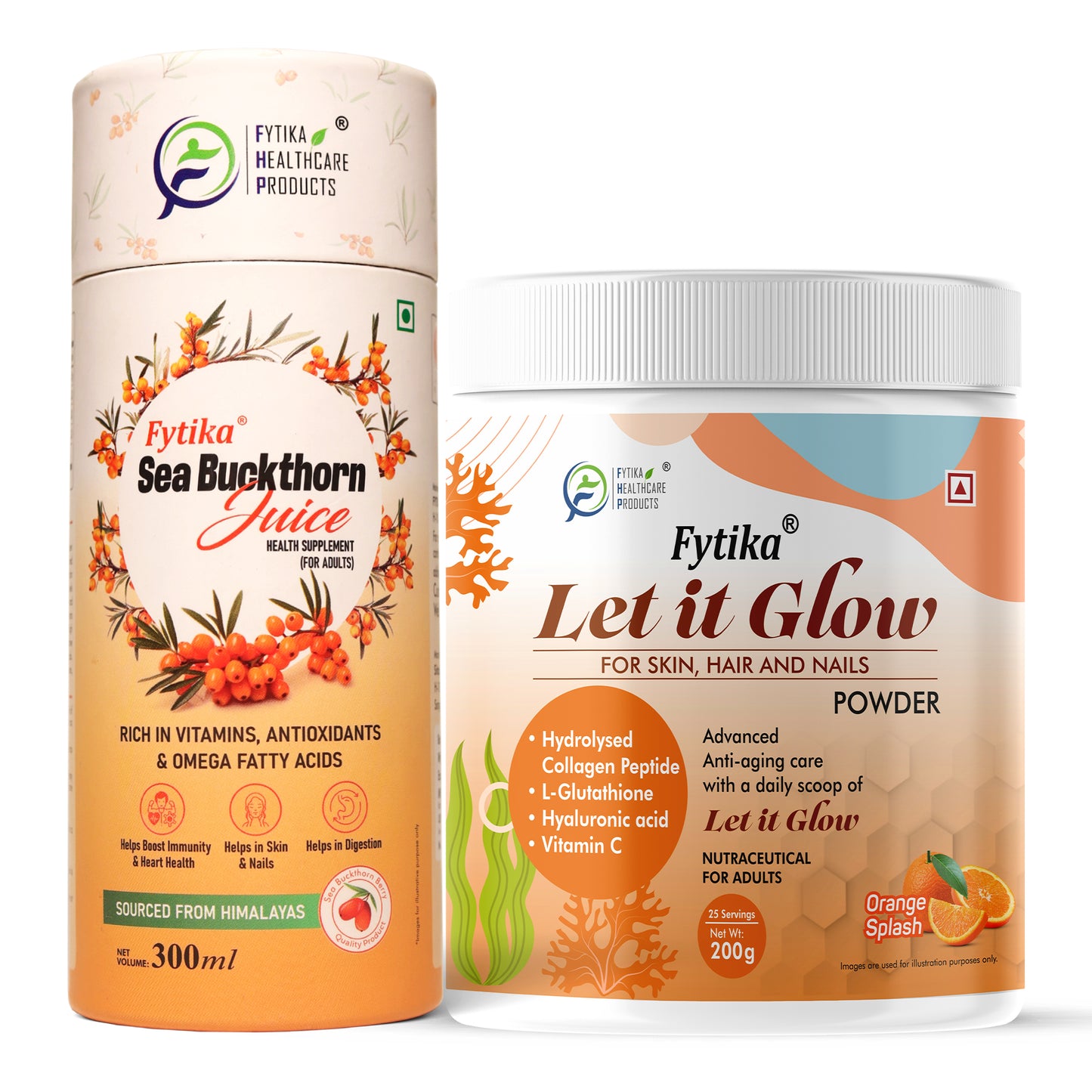 Fytika Sea Buckthorn Juice with Let it Glow Collagen Powder Orange Flavor – Beauty & Wellness Combo for Glowing Skin, Strong Hair, Nails, Immunity & Anti-Aging Care
