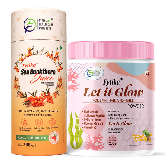 Fytika Sea Buckthorn Juice with Let it Glow Collagen Powder Pineapple Flavor – Beauty & Wellness Combo for Glowing Skin, Strong Hair, Nails, Immunity & Anti-Aging Care