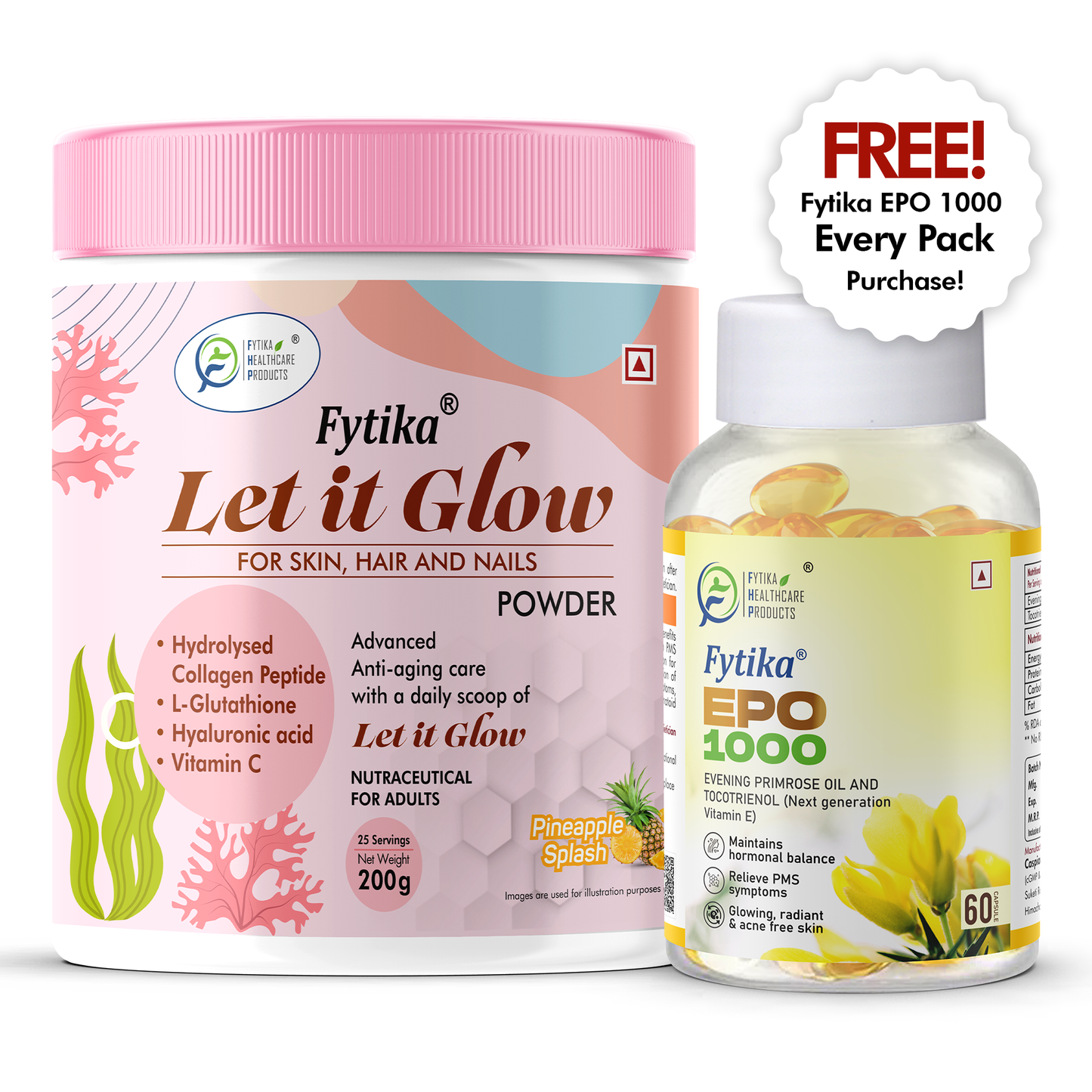 Fytika Let it Glow Collagen Powder - Boosts Skin Radiance, Hair Health, Nail Strength, For Men, Women - Pineapple Flavor - 200 G