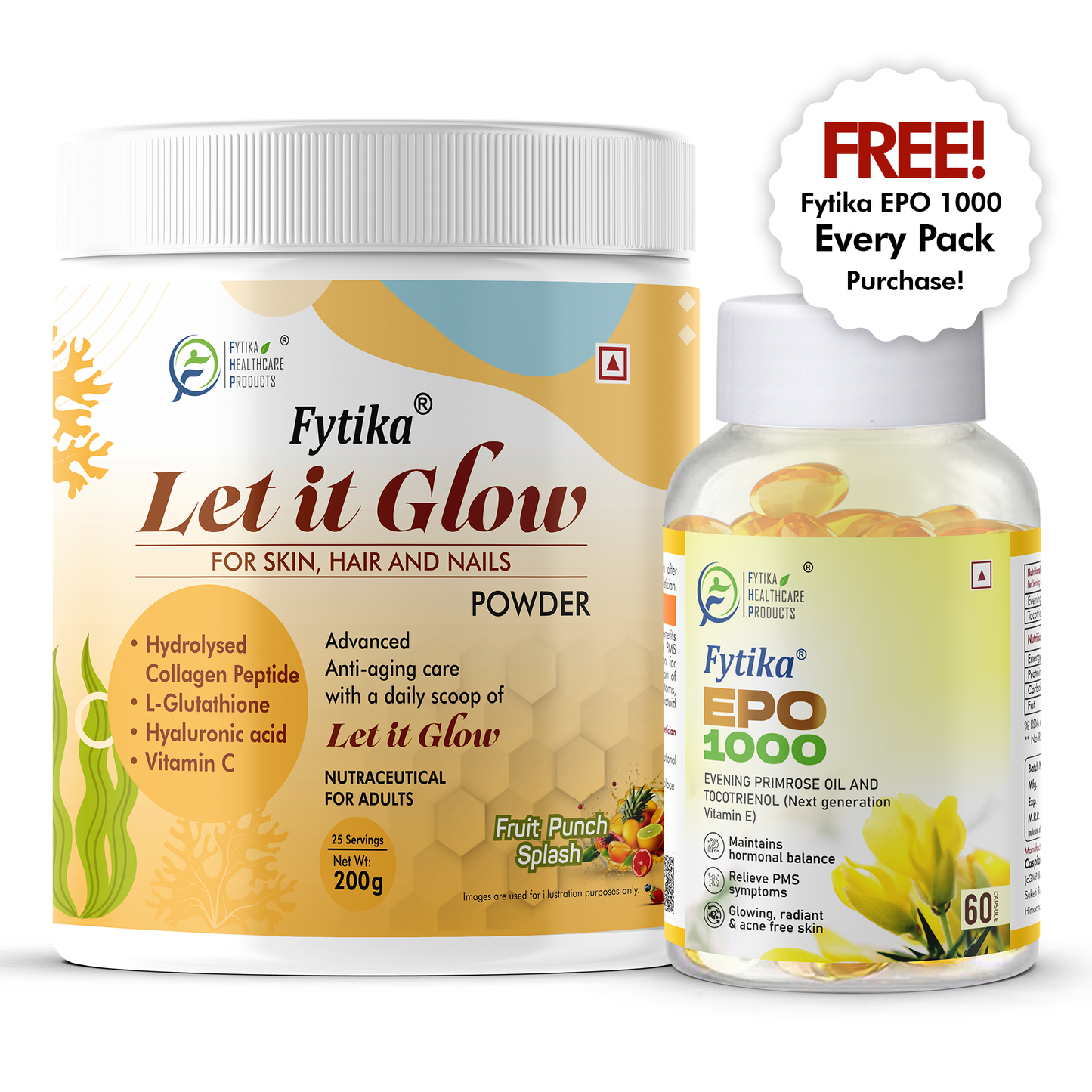 Fytika Let it Glow Collagen Powder - Boosts Skin Radiance, Hair Health, Nail Strength, For Men, Women - Fruit Punch Flavor - 200 G