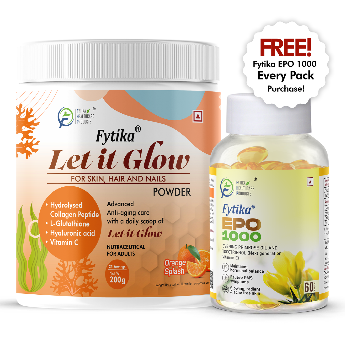 Fytika Let it Glow Collagen Powder - Boosts Skin Radiance, Hair Health, Nail Strength, For Men, Women - Orange Flavor - 200 G