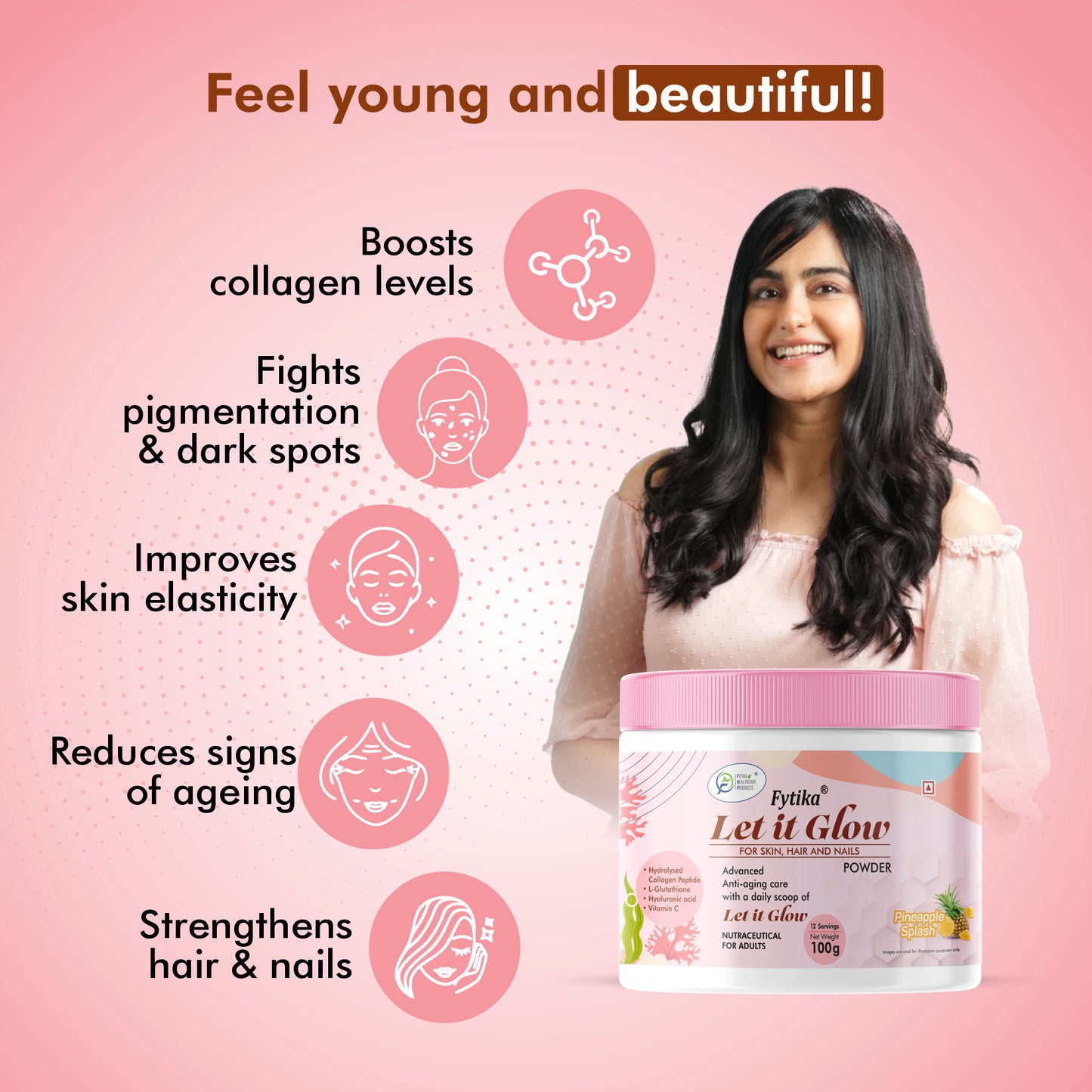 Fytika Let it Glow Collagen Powder - Boosts Skin Radiance, Hair Health, Nail Strength, For Men, Women - Pineapple Flavor - 100 G